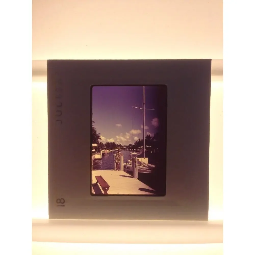 Vintage 1969 Woman on Dock Boats Harbor Clouds Ektachrome Photograph Color Slide